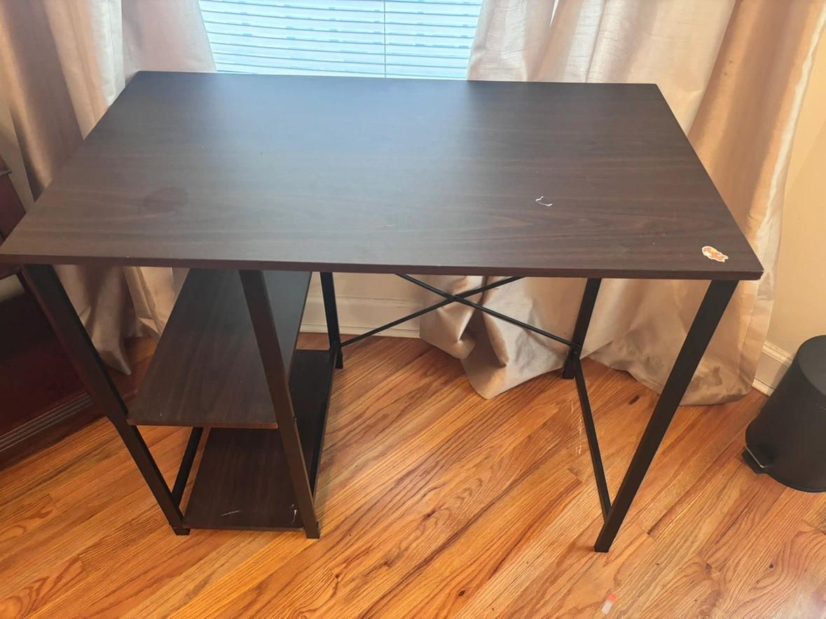 Black Mesh Office Chair and Wooden Desk