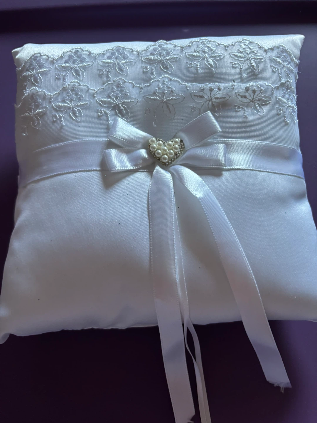 White Ring Bearer Pillow with Lace and Heart Embellishment