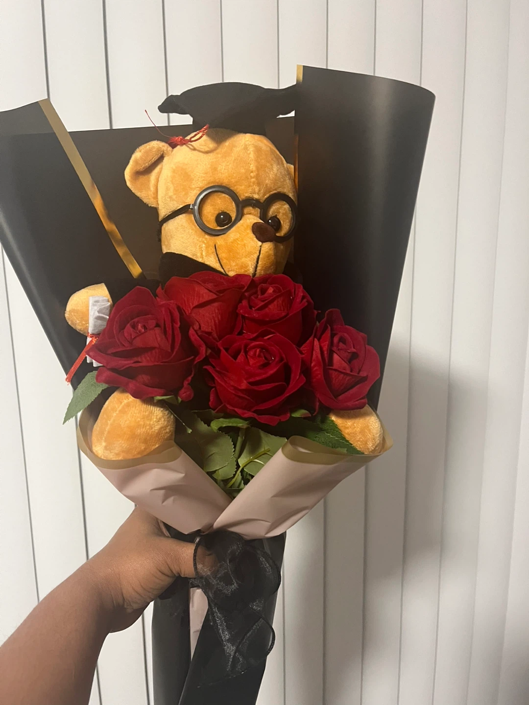 Graduation Teddy Bear and Rose Bouquet