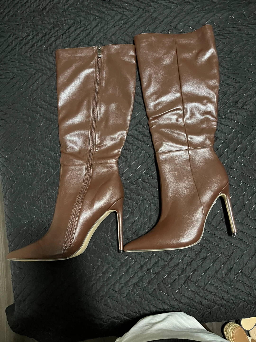 Brown Faux Leather Knee-High Boots Size 42