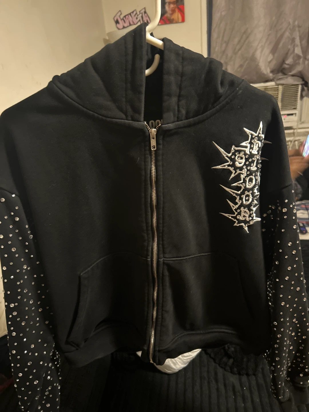 Black Zip-Up Hoodie with Rhinestone Embellishments