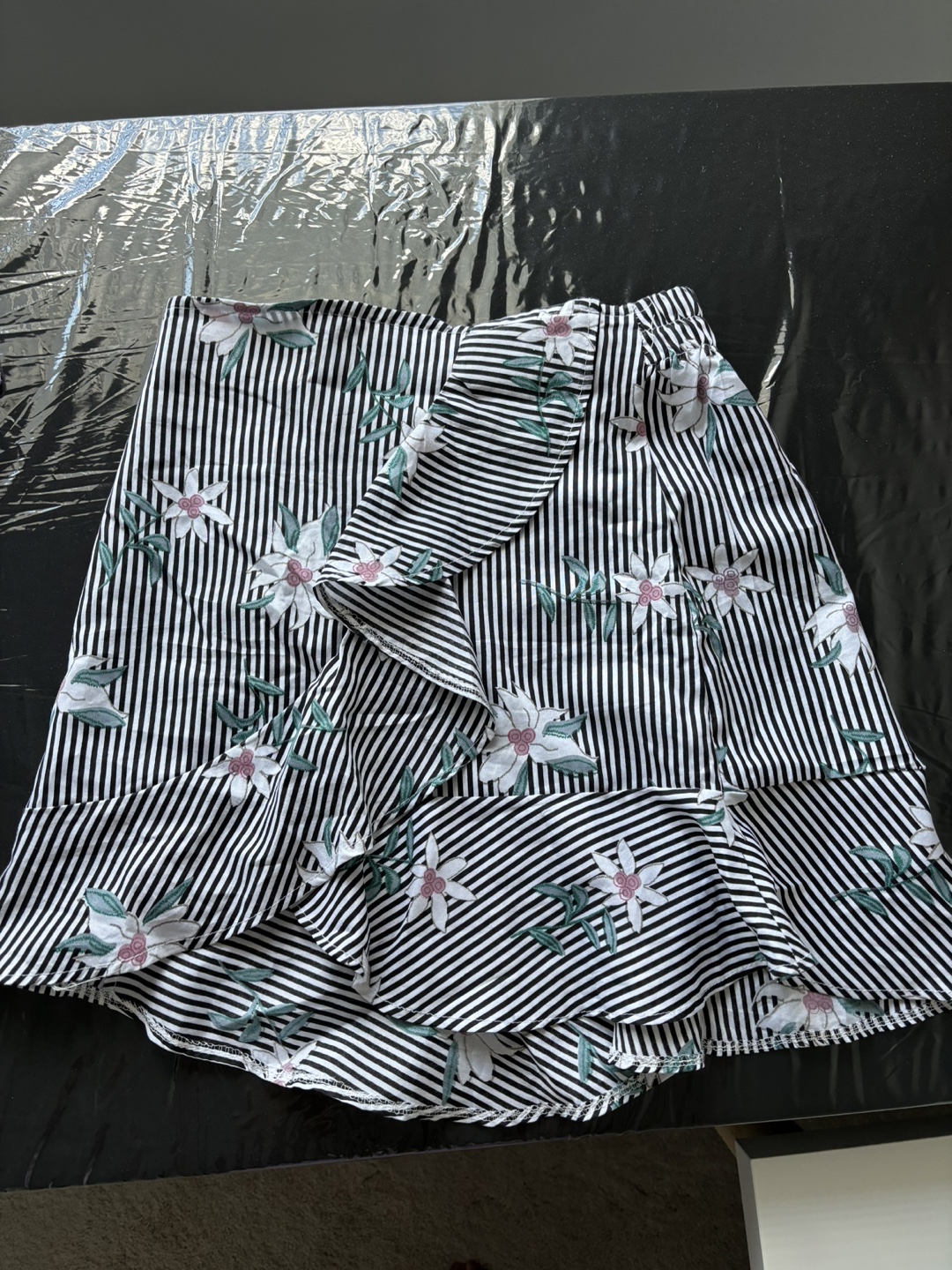 Striped Floral Ruffle Skirt