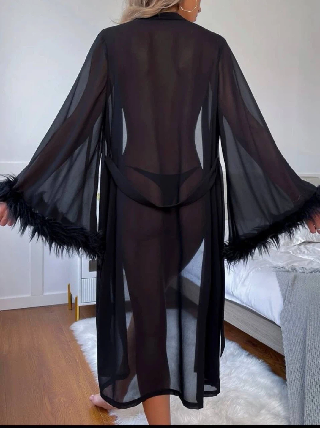 Black Feather Trim Robe with belt, size L - photo 5