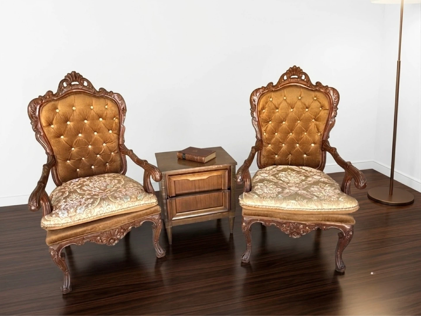 Vintage French Chairs & Mid-Century End Table Set