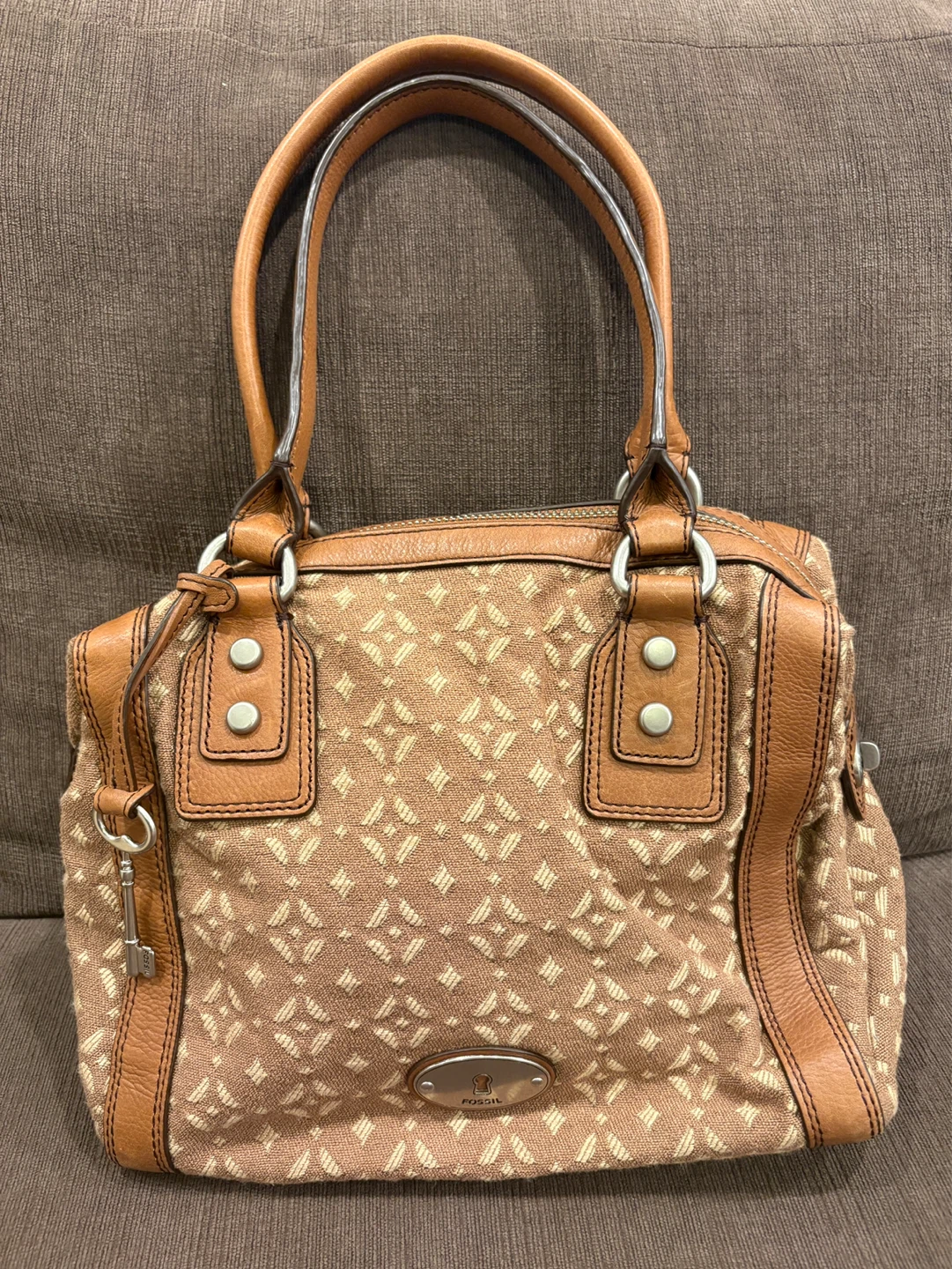 Fossil Vintage Brown Maddox Satchel Jacquard Canvas Leather Trim