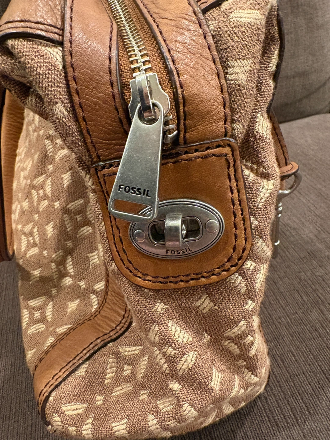 Fossil Vintage Brown Maddox Satchel Jacquard Canvas Leather Trim - photo 3