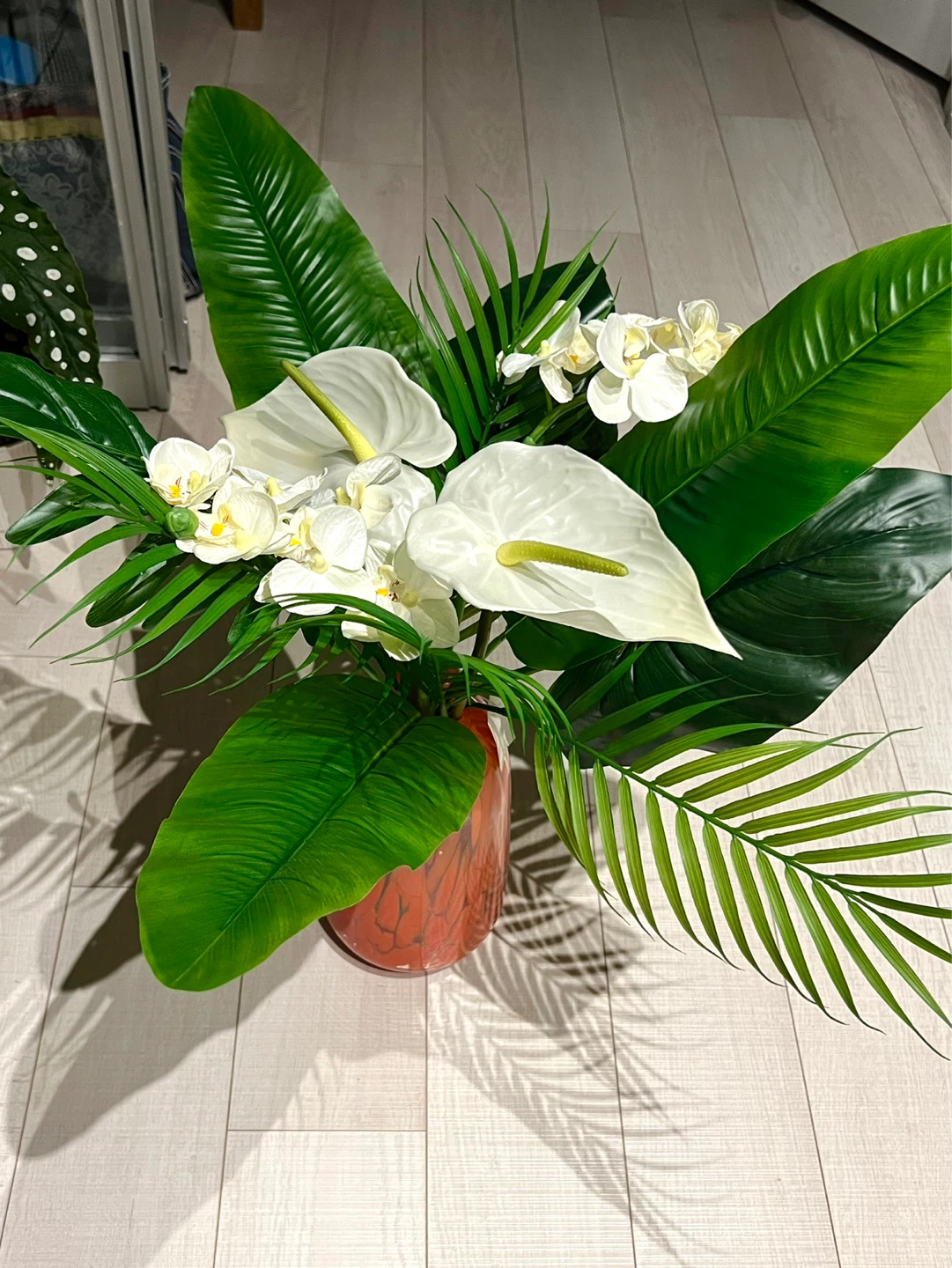 Artificial Flower Arrangement in Orange Speckled Vase