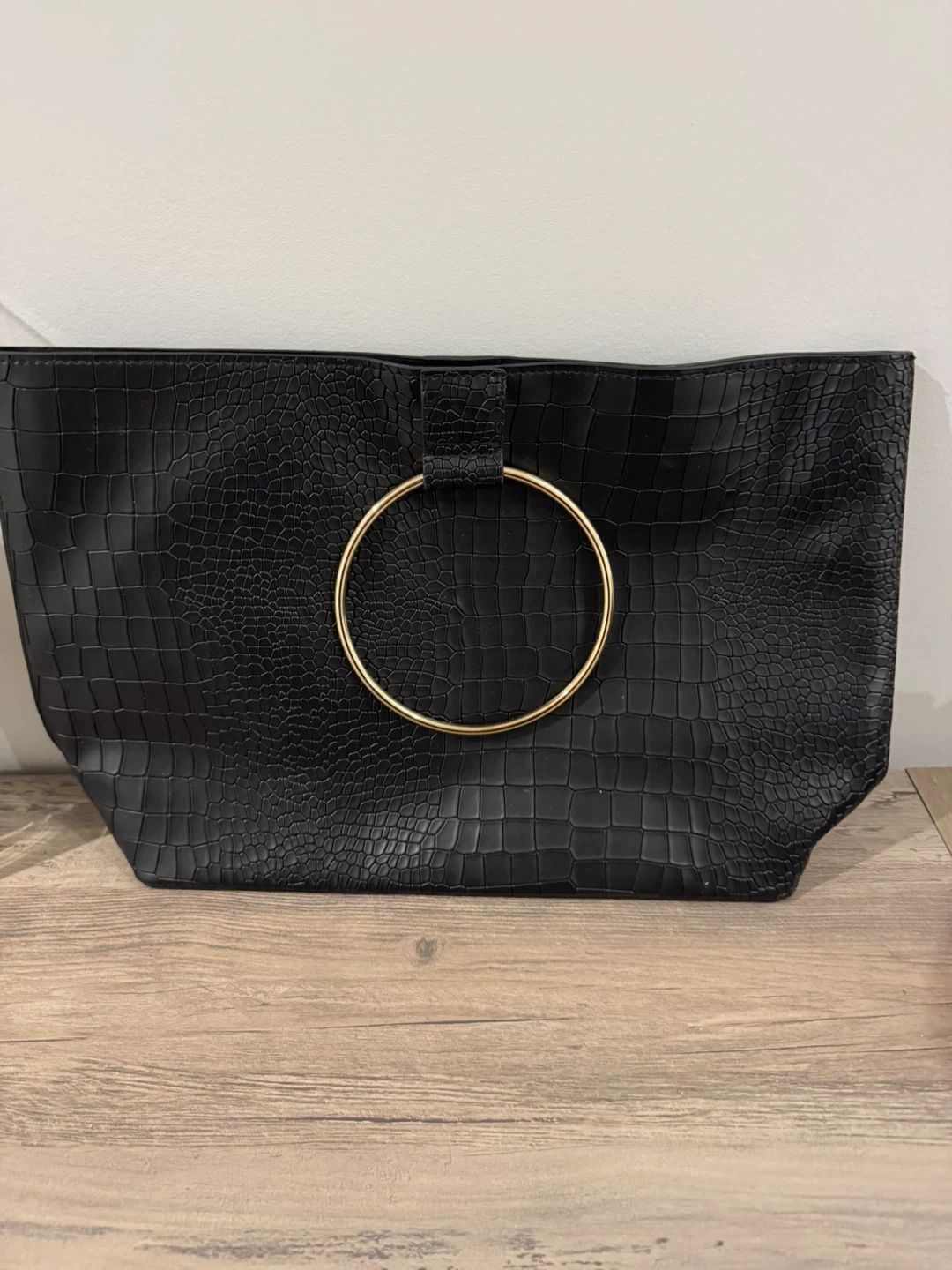 Black Faux Croc Clutch with Gold Ring