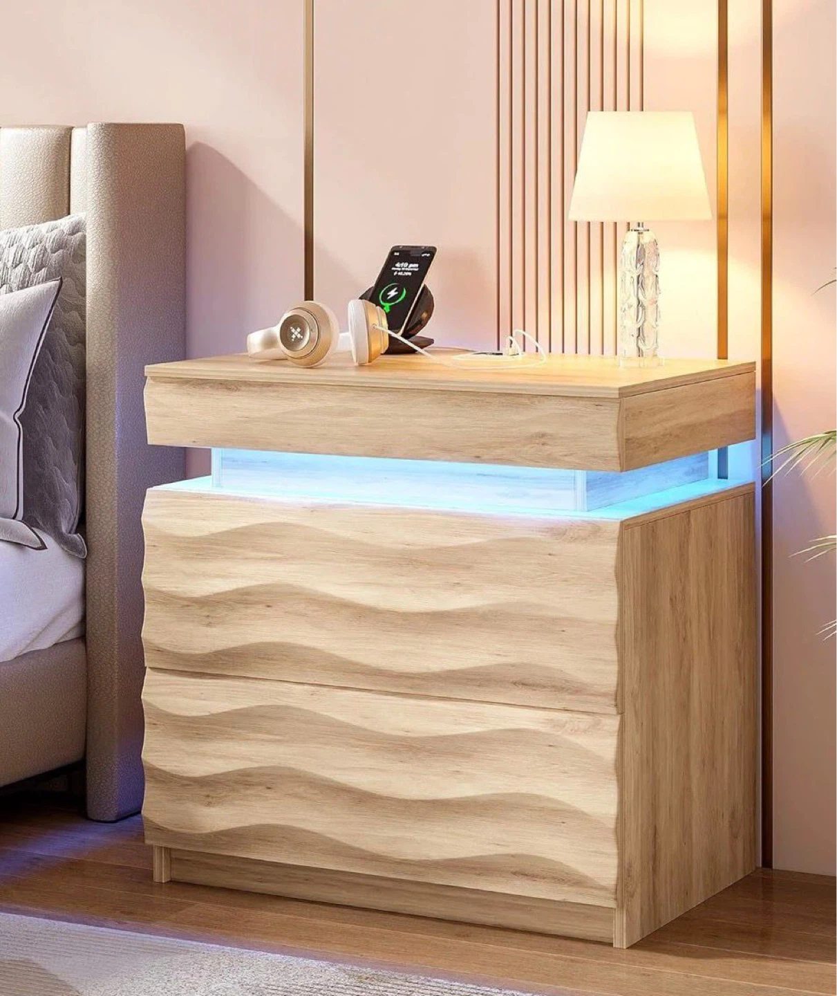 Modern Wood Nightstand with LED Light