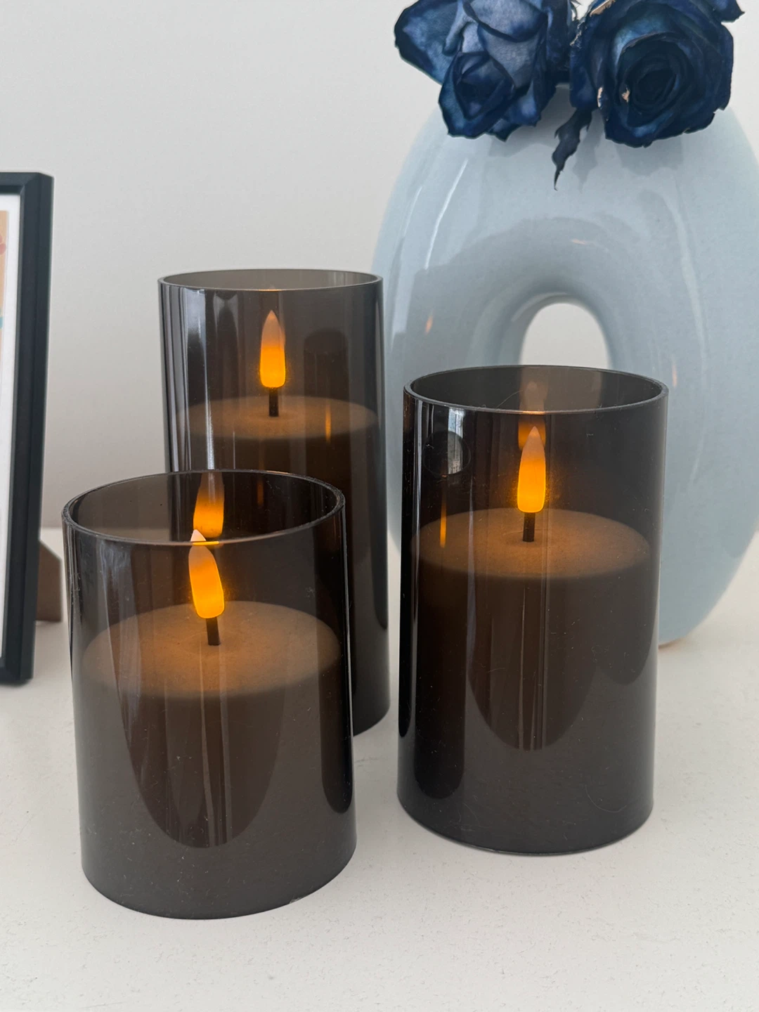 Set of 3 LED Pillar Candles with Smoked Glass Holders