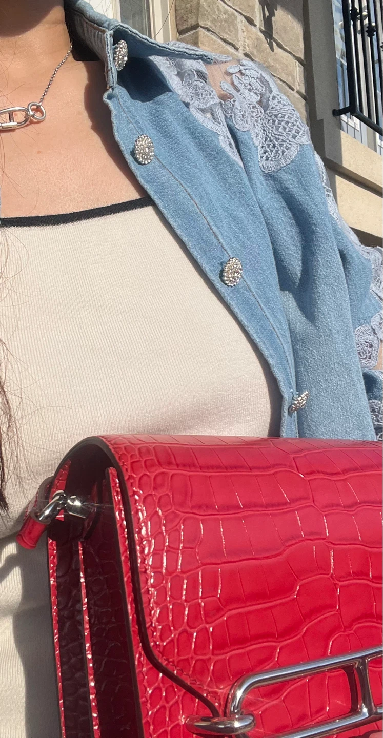 Red Crocodile-Embossed Shoulder Bag
