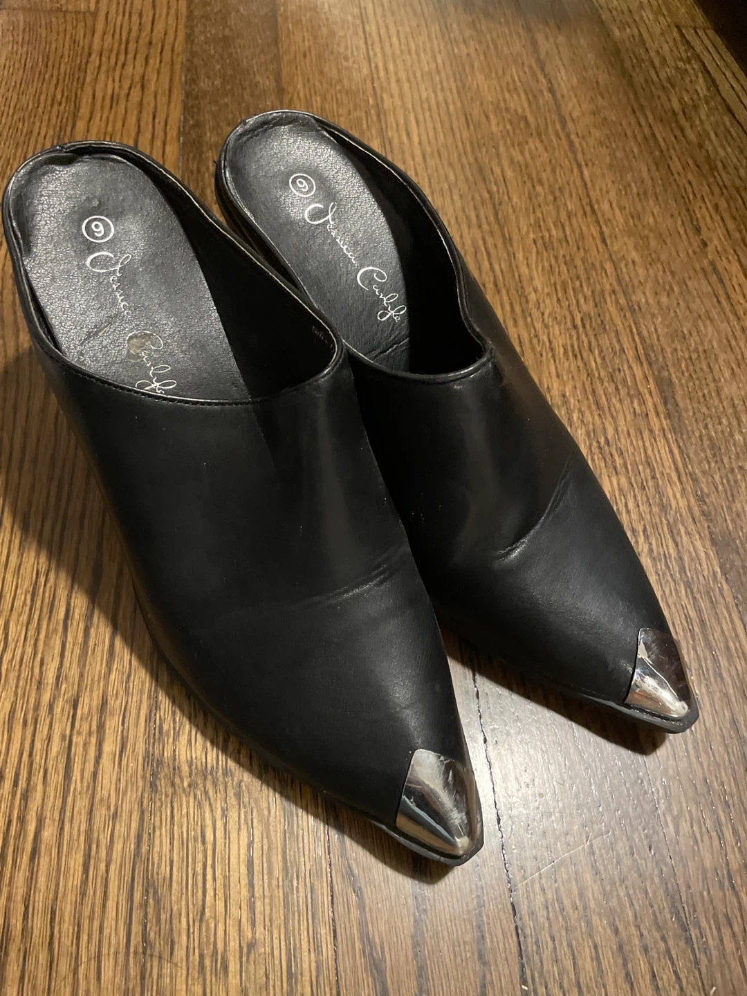 Jessica  Black Mules with Silver Toe