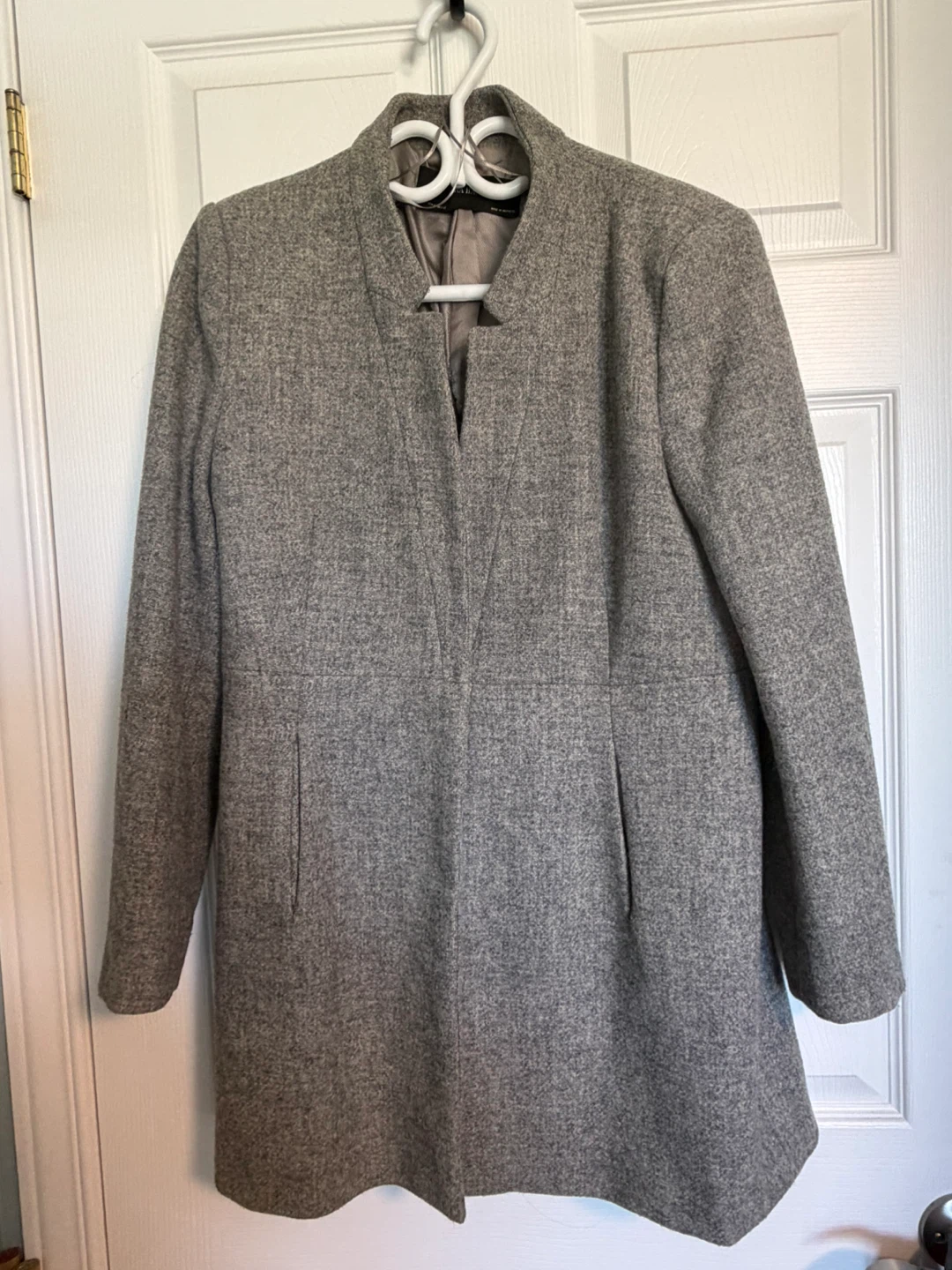Zara Collarless Grey Wool Blend Coat