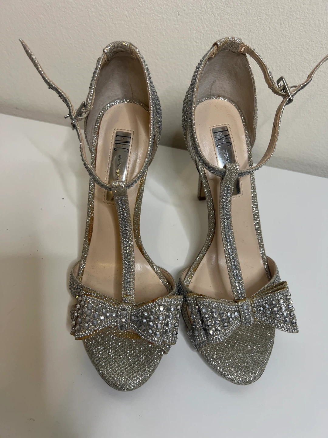 INC Glitter Bow Heels Silver Women's Shoes