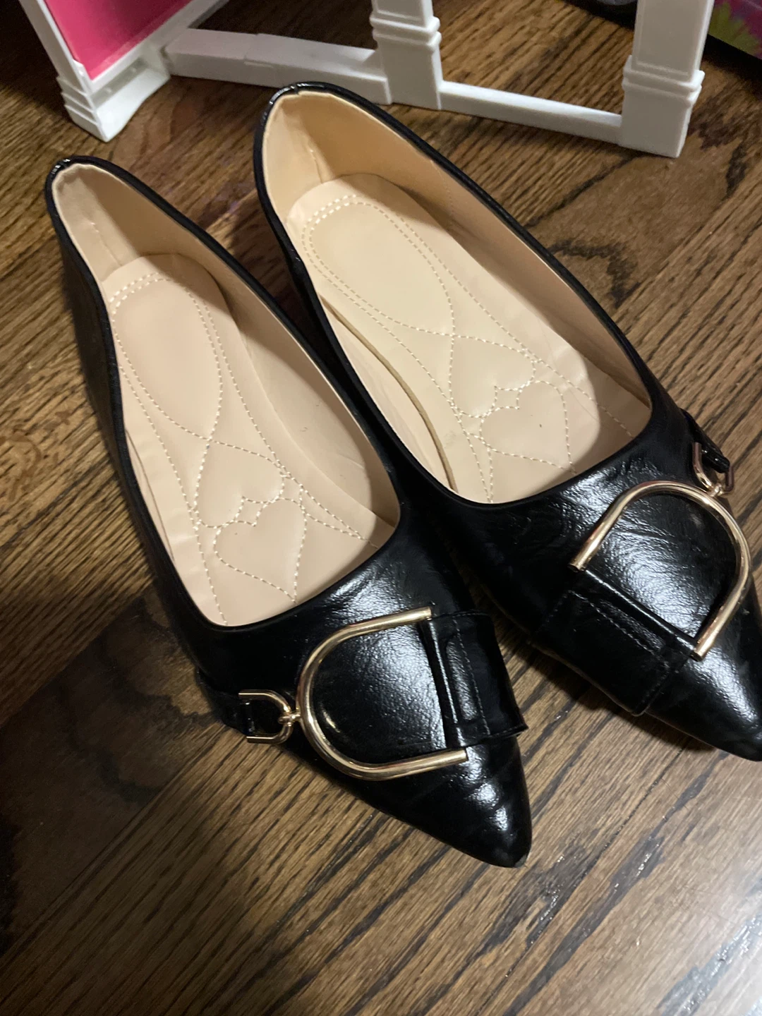 Black Pointed Toe Flats with Gold Buckle Accent