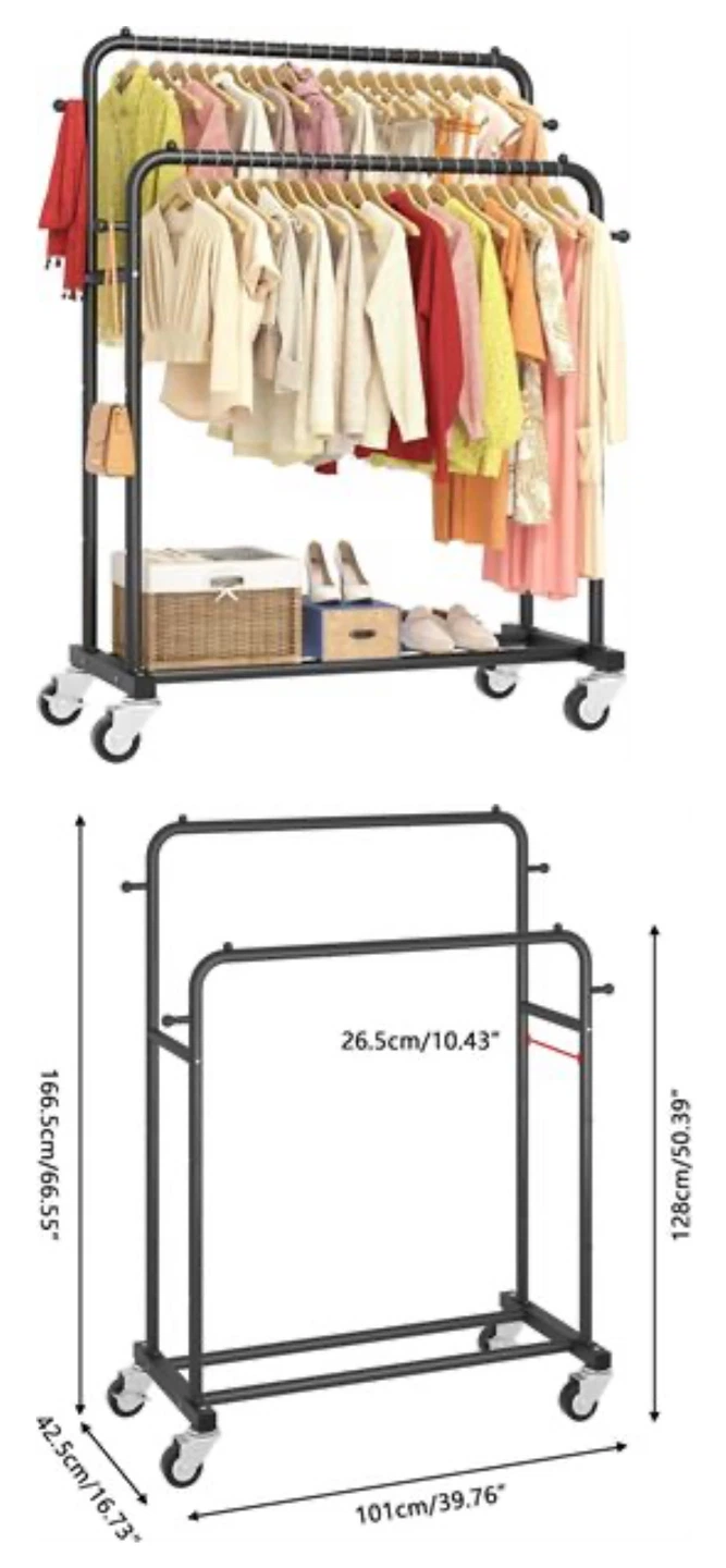 Rolling Double Garment Rack with Shelves