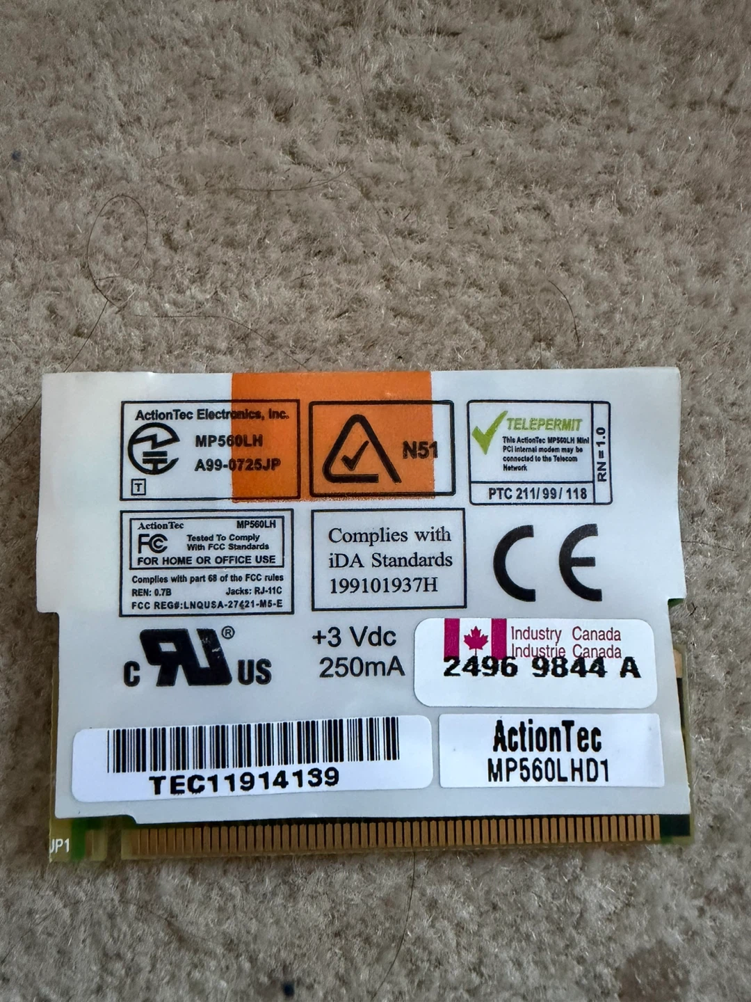 ACTIONTEC MP560LHD1 / DELL 06158U MINI PCI MODEM CARD