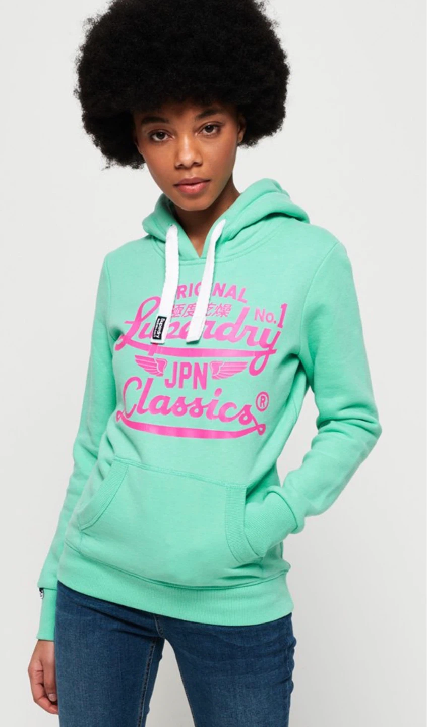Superdry JPN Classics Hoodie Women L Mint Green Pink Graphic