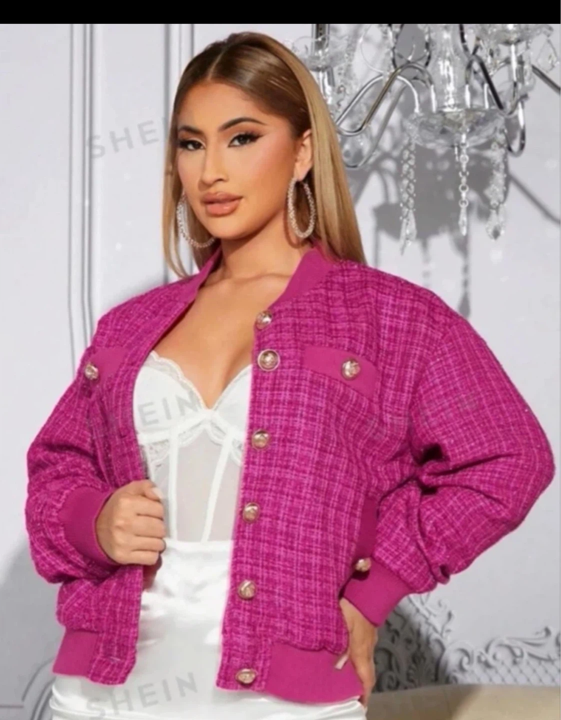 SHEIN Pink Tweed Bomber Jacket ⚽️ - photo 2