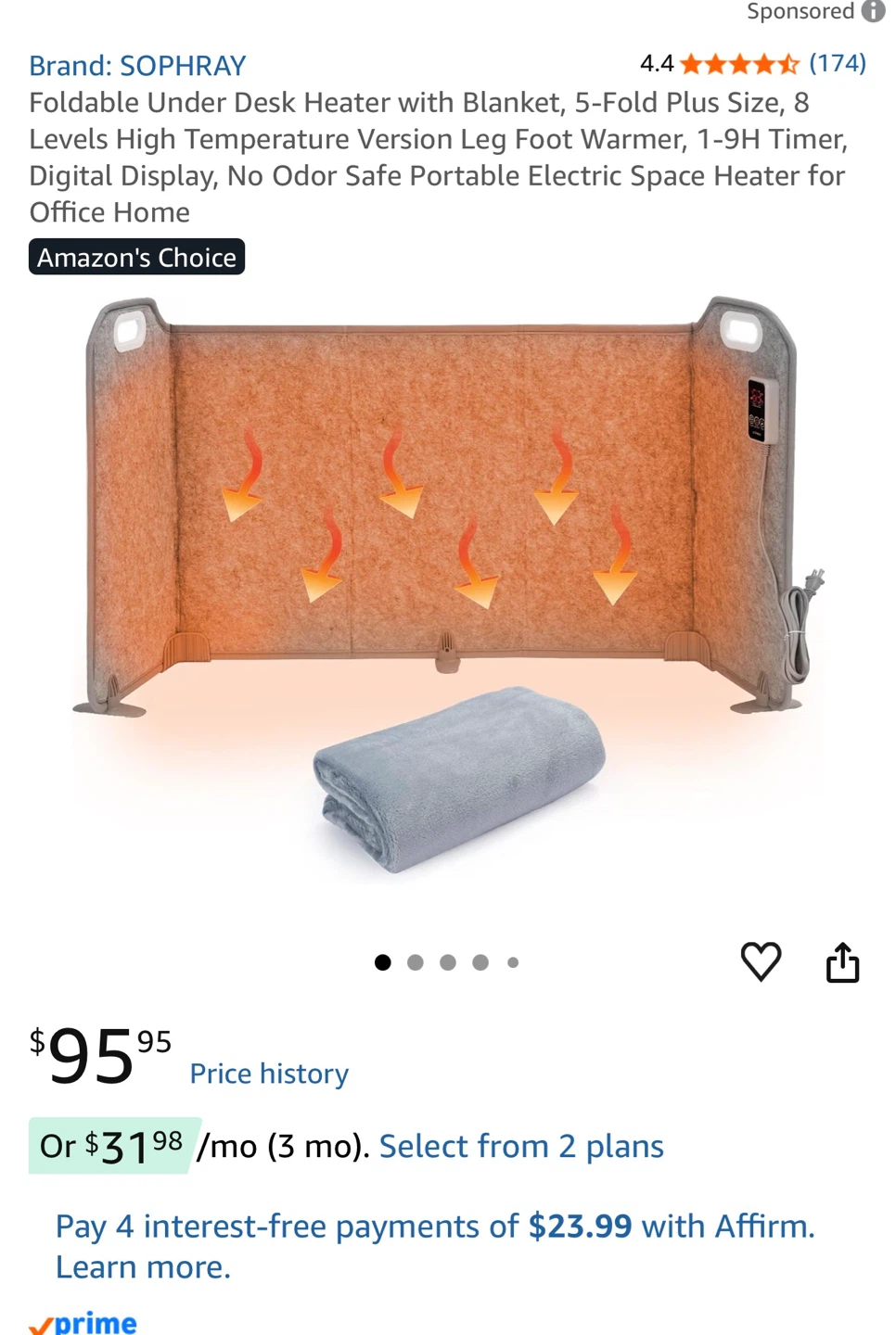 SOPHRAY Foldable Under Desk Heater with Blanket