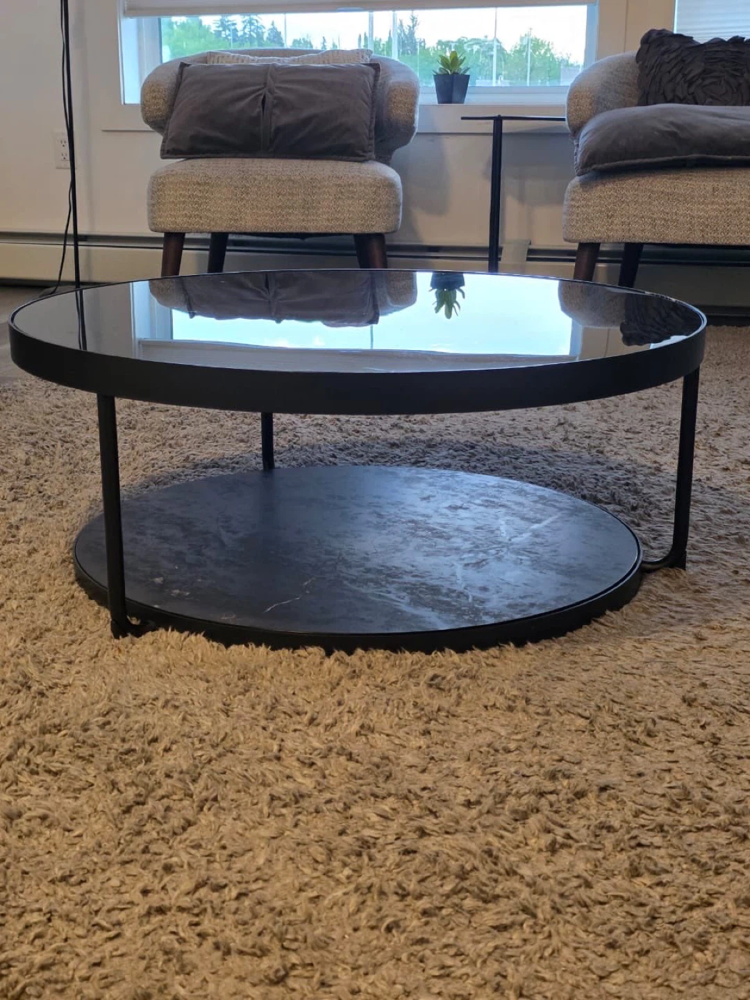 Round Coffee Table with Black Glass Top