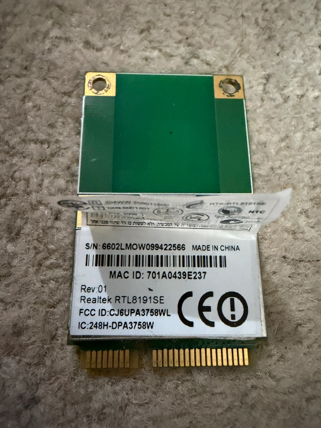 REALTEK RTL8191SE WLAN PCIe WI-FI CARD – TOSHIBA PA3758U-1MPC - photo 2