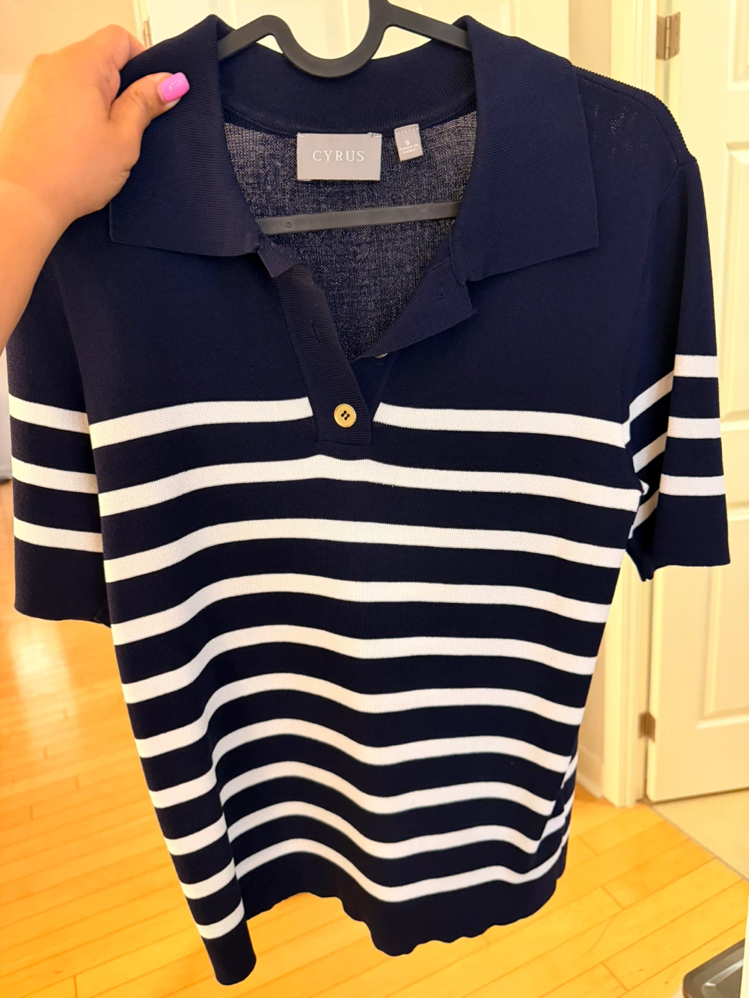 Cyrus Navy and White Striped Polo Shirt - Size S
