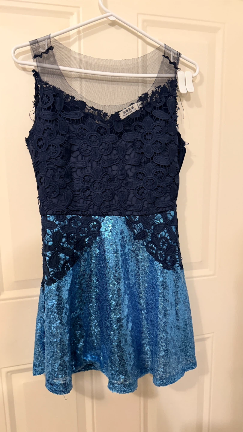 Blue Sequin Dress with Lace Bodice size M