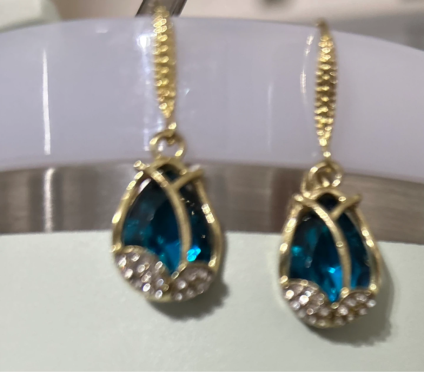 Gold Tone Blue Gem Tulip Earrings - photo 3