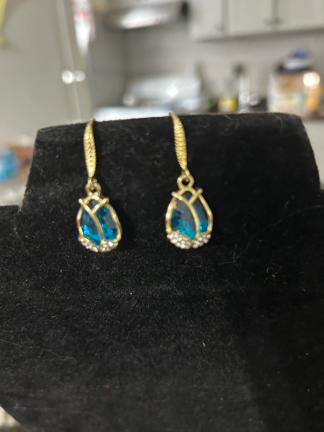 Gold Tone Blue Gem Tulip Earrings