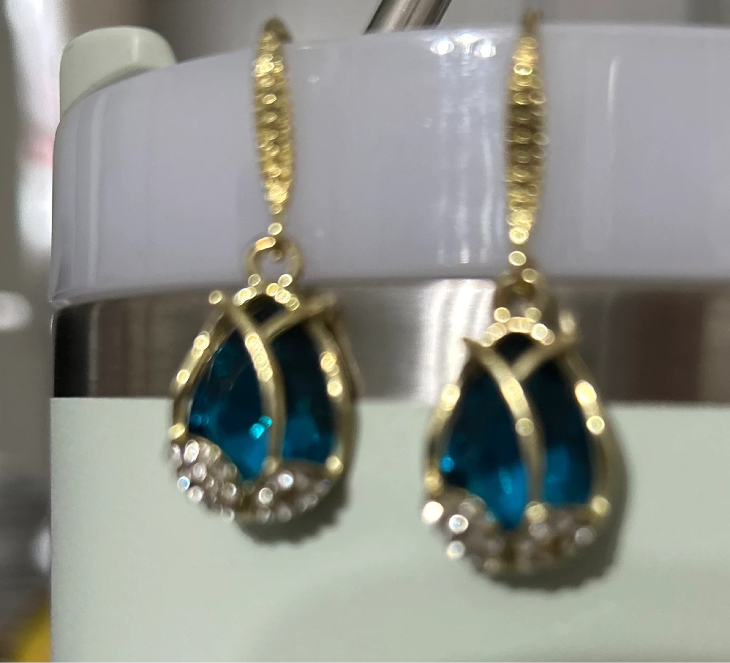 Gold Tone Blue Gem Tulip Earrings - photo 2