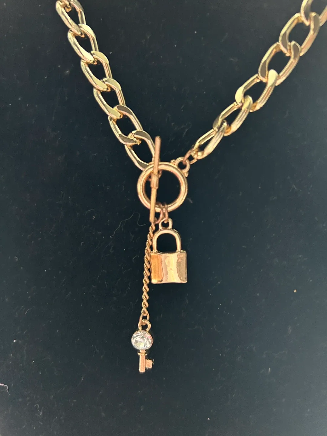 Gold Chain Necklace with Lock and Key Pendant