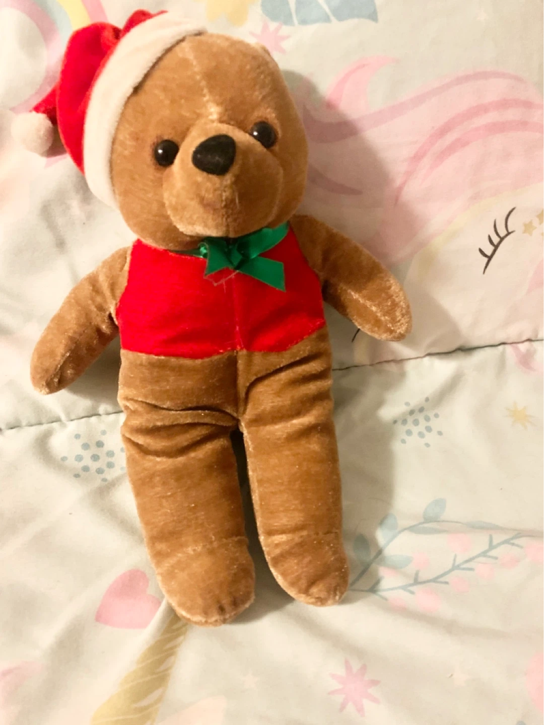 Brown Teddy Bear with Santa Hat and Red Vest