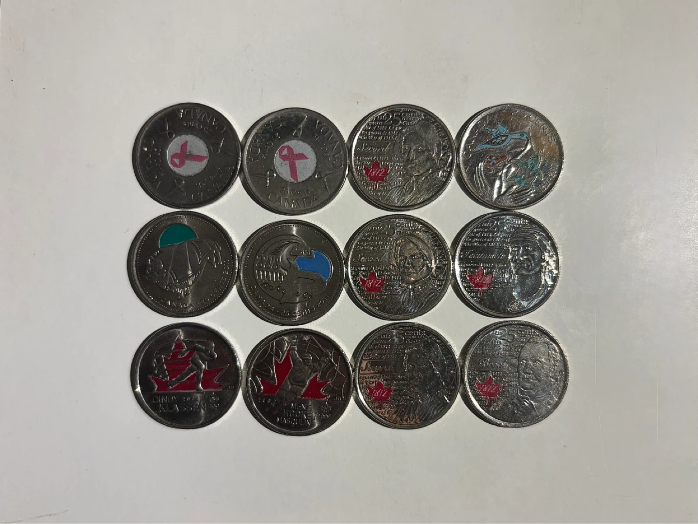 12 Colored Canadian Quarters - Various Designs