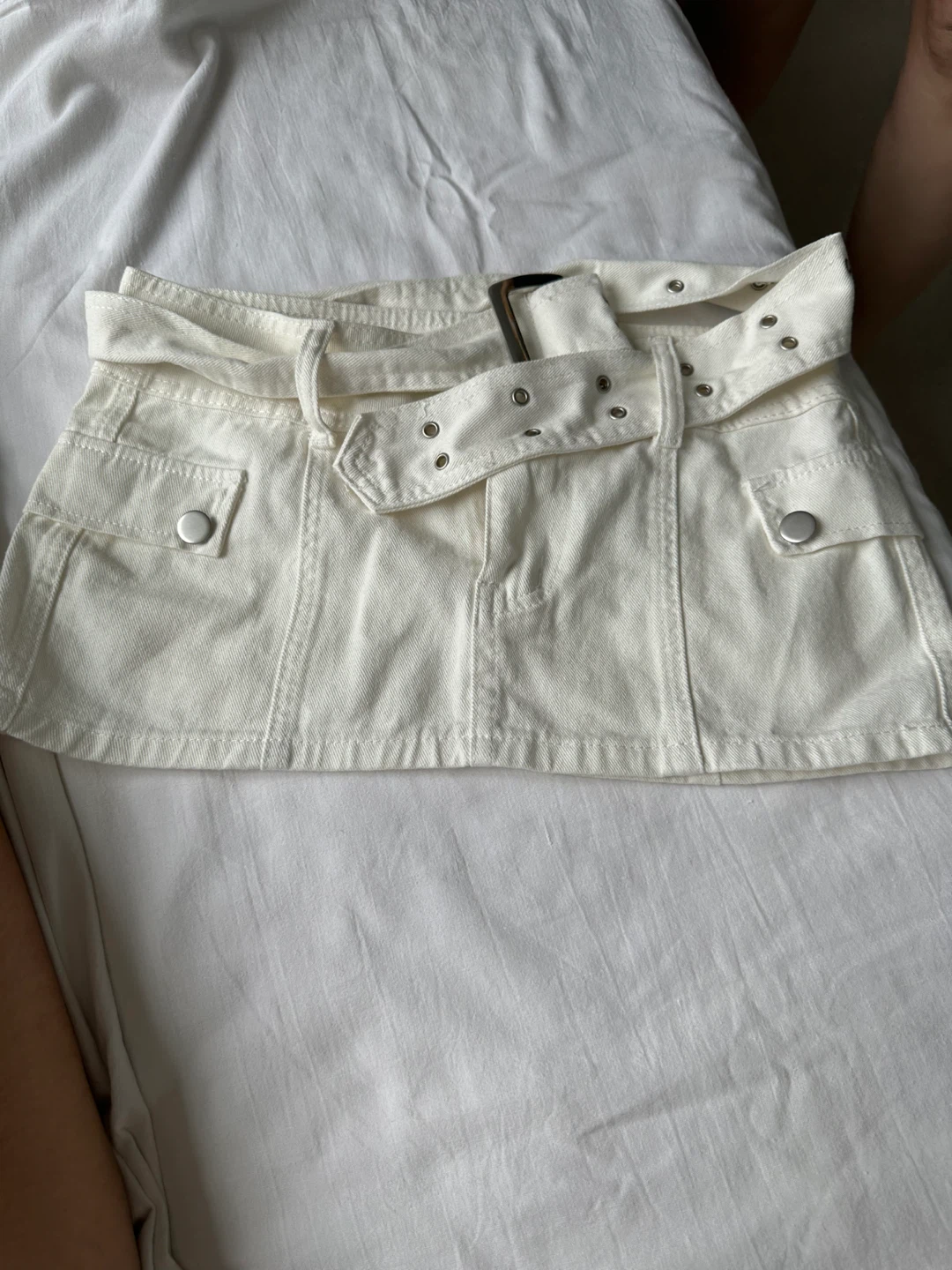 White Denim Mini Skirt with Belt