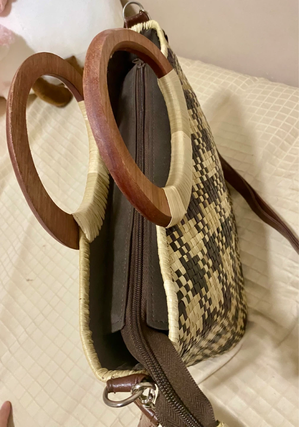 Woven Straw Tote Bag with Wooden Handles - photo 2