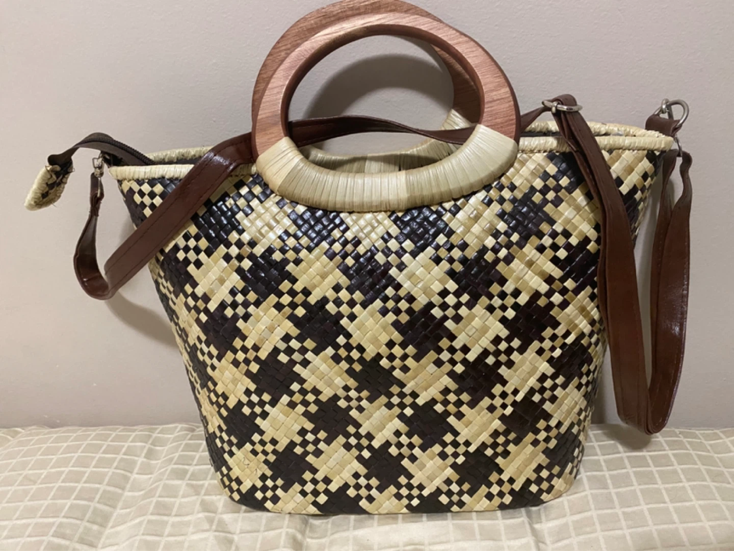 Woven Straw Tote Bag with Wooden Handles