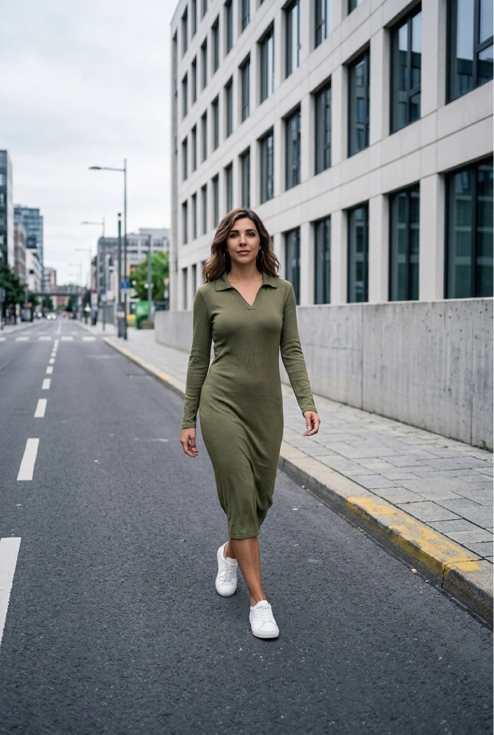 Women's Green Ribbed Long Sleeve Collared Dress - photo 2