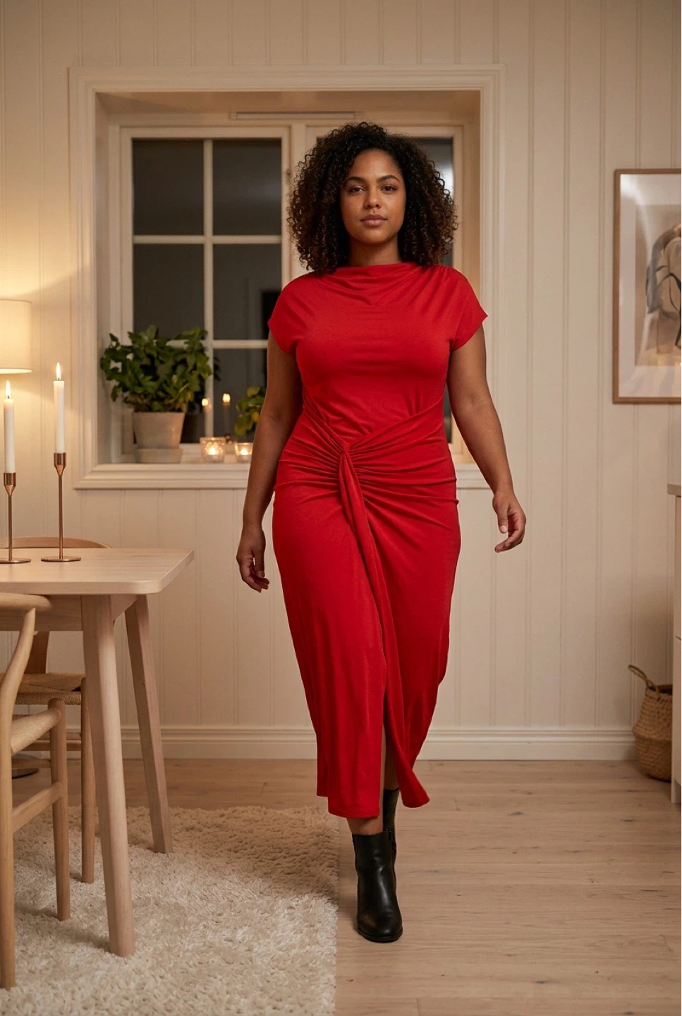 Red Knotted Twist Midi Dress