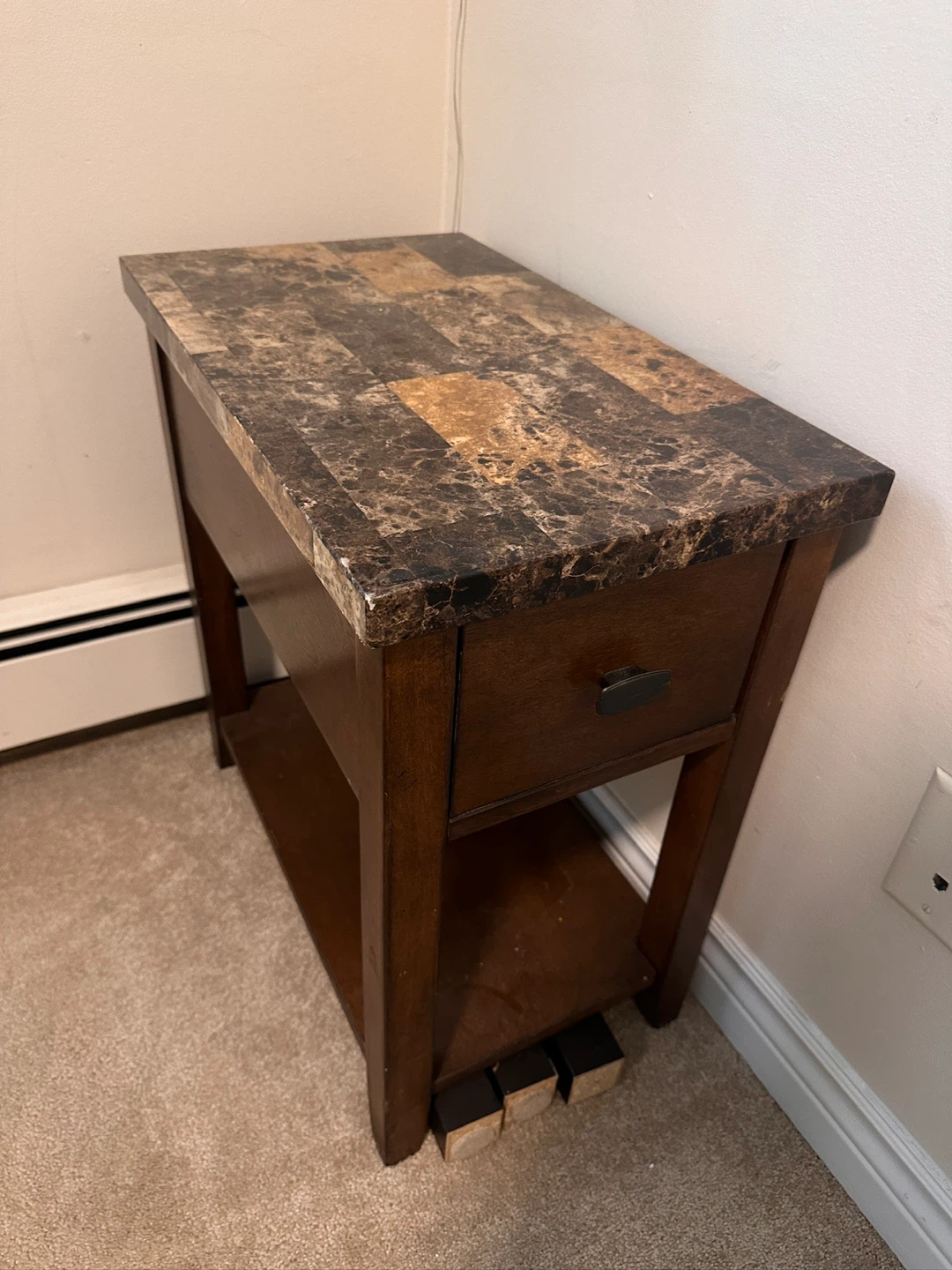 Dark Wood Side Table with Faux Marble Top