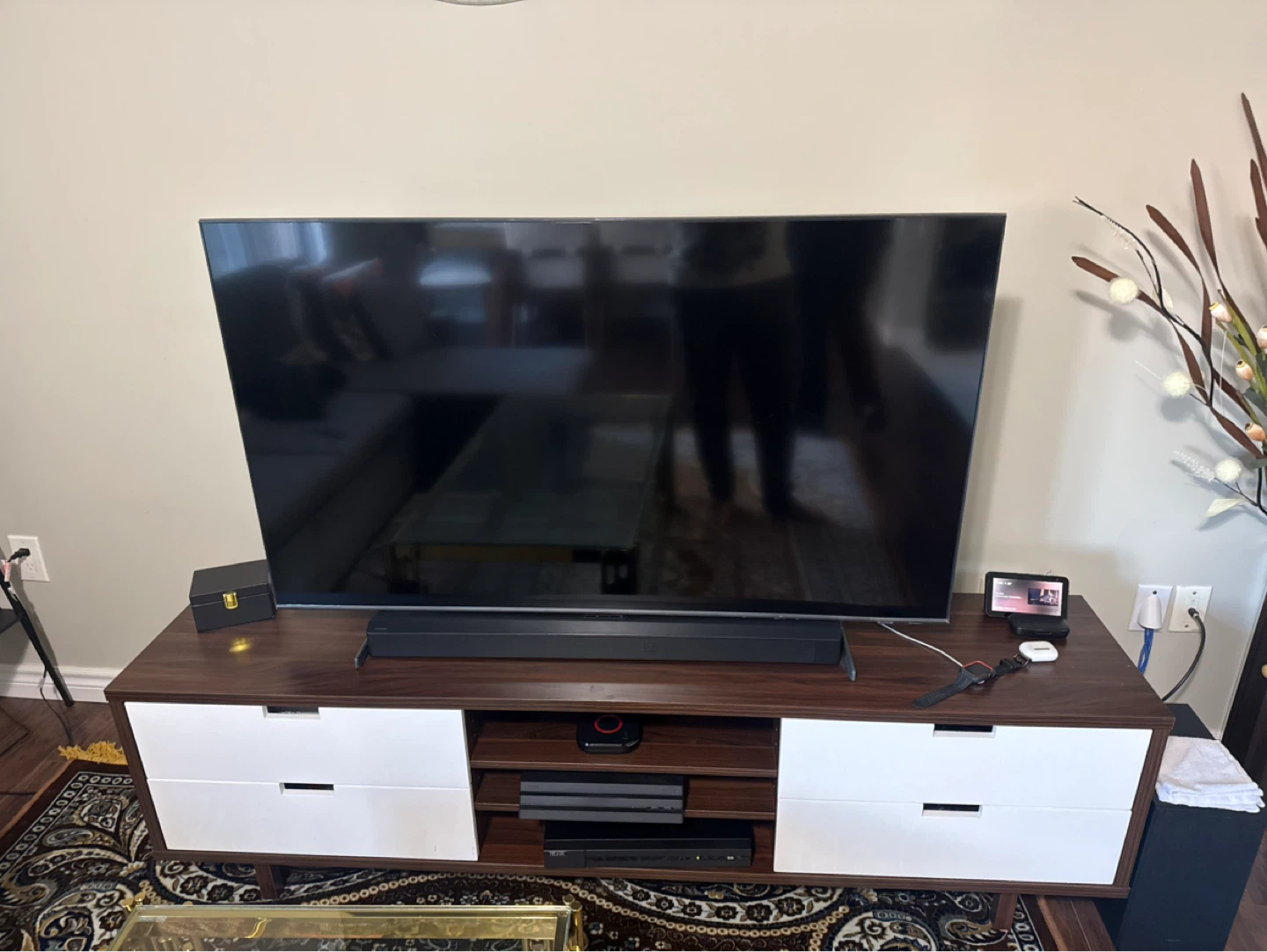 Lovran 71" Modern TV Stand - Dark Walnut and White