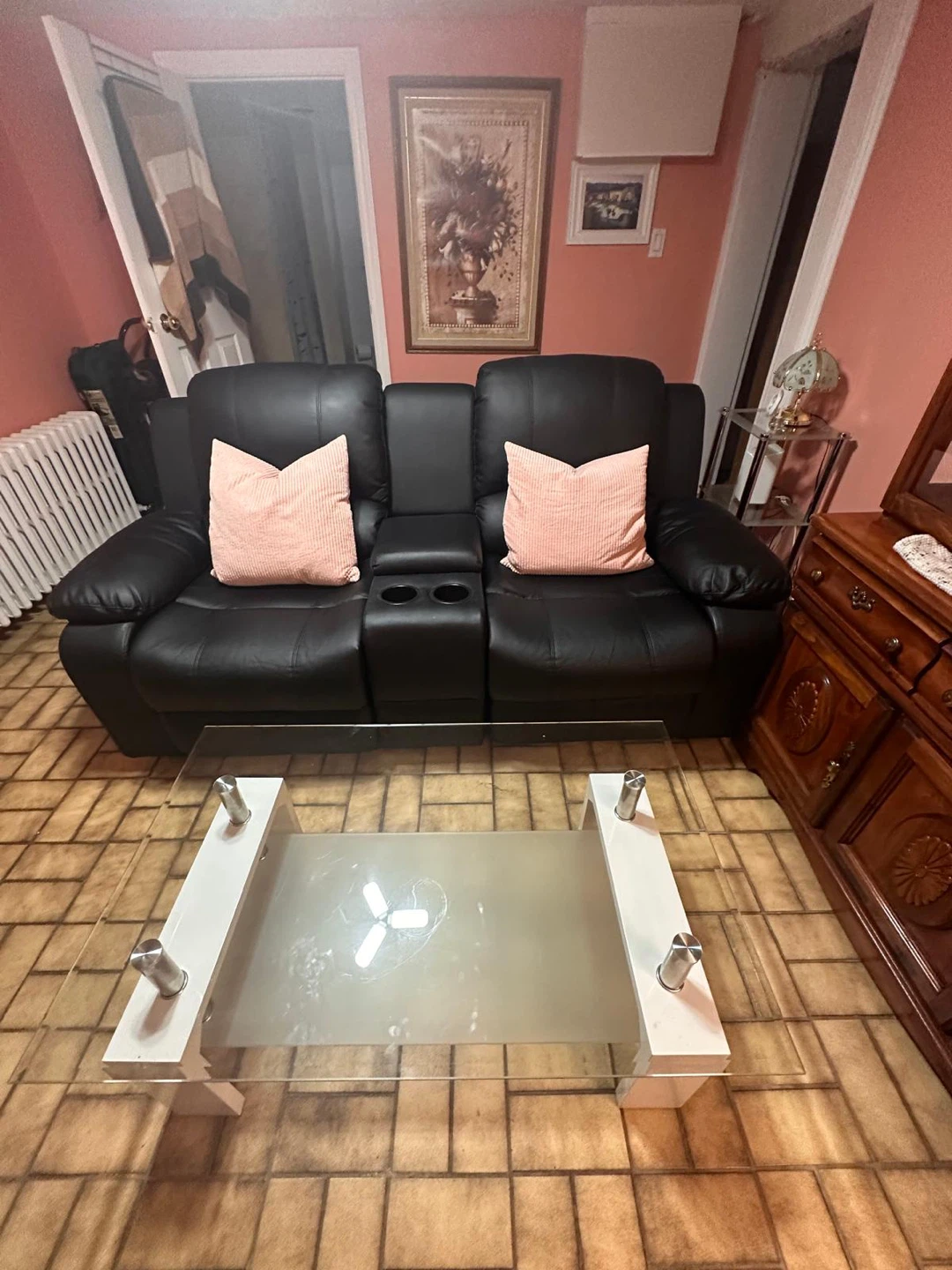 Black Leather Loveseat with Cup Holders