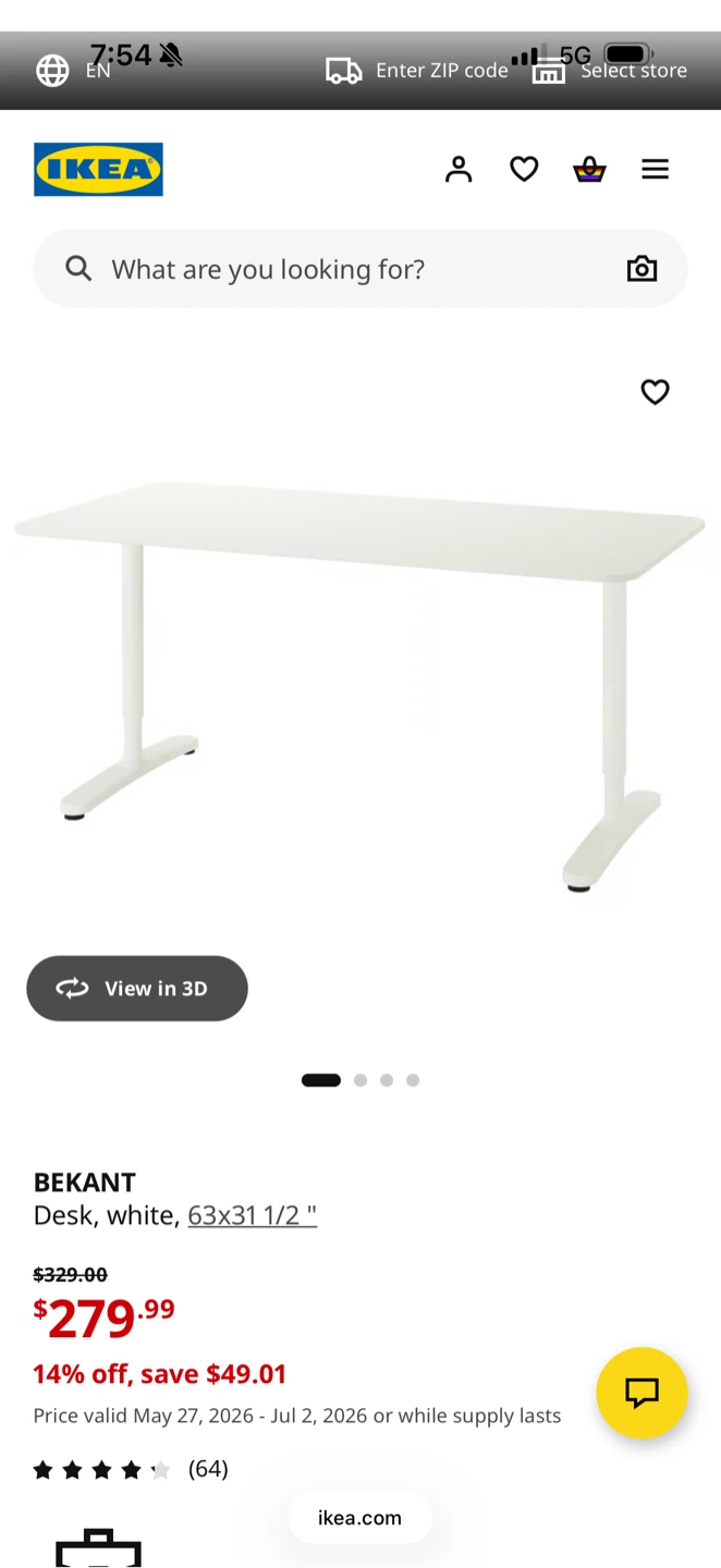 IKEA BEKANT Desk, White, 63x31 1/2"