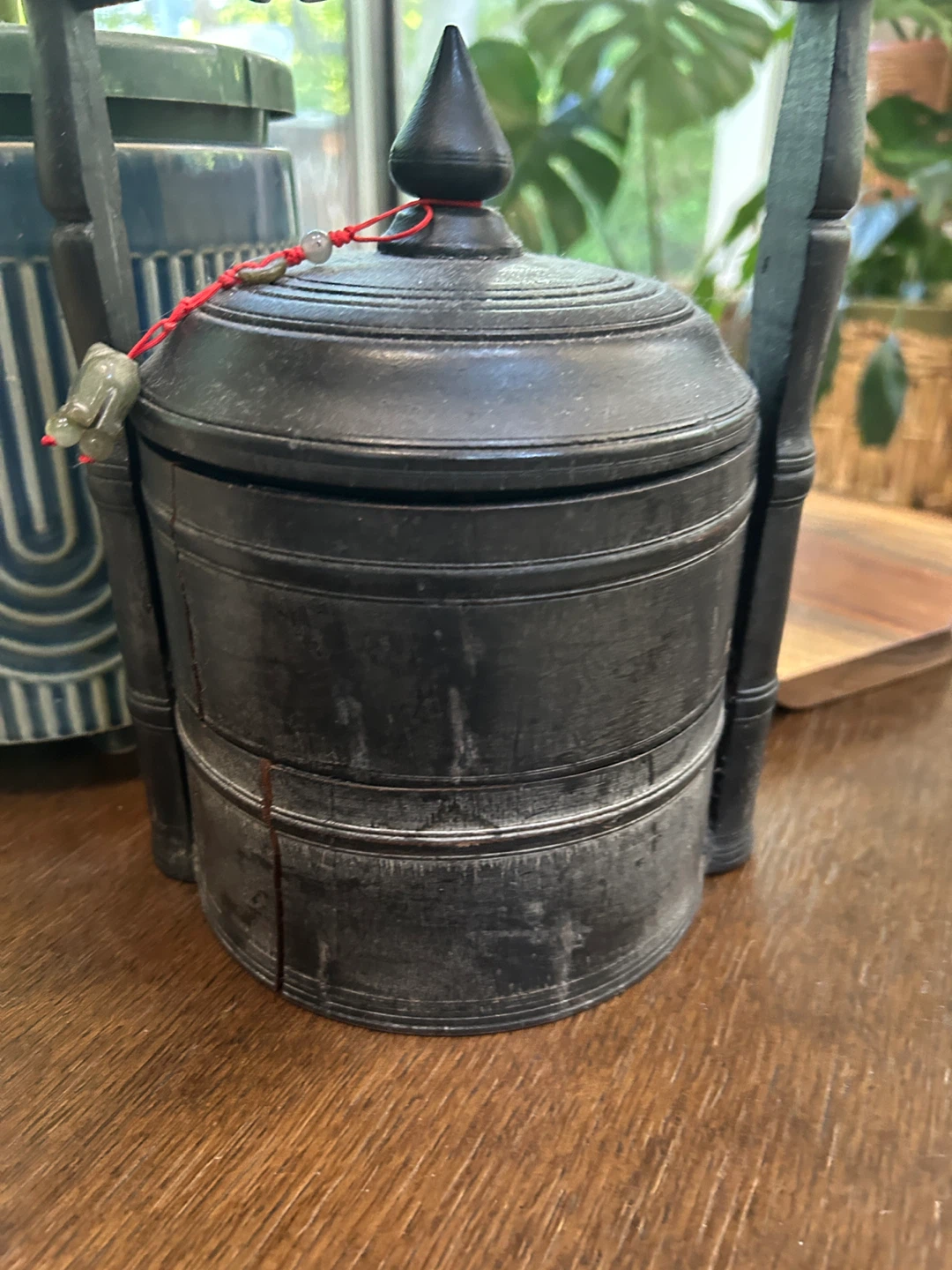 Vintage Wooden Tiffin Carrier with Jade Charm - photo 3