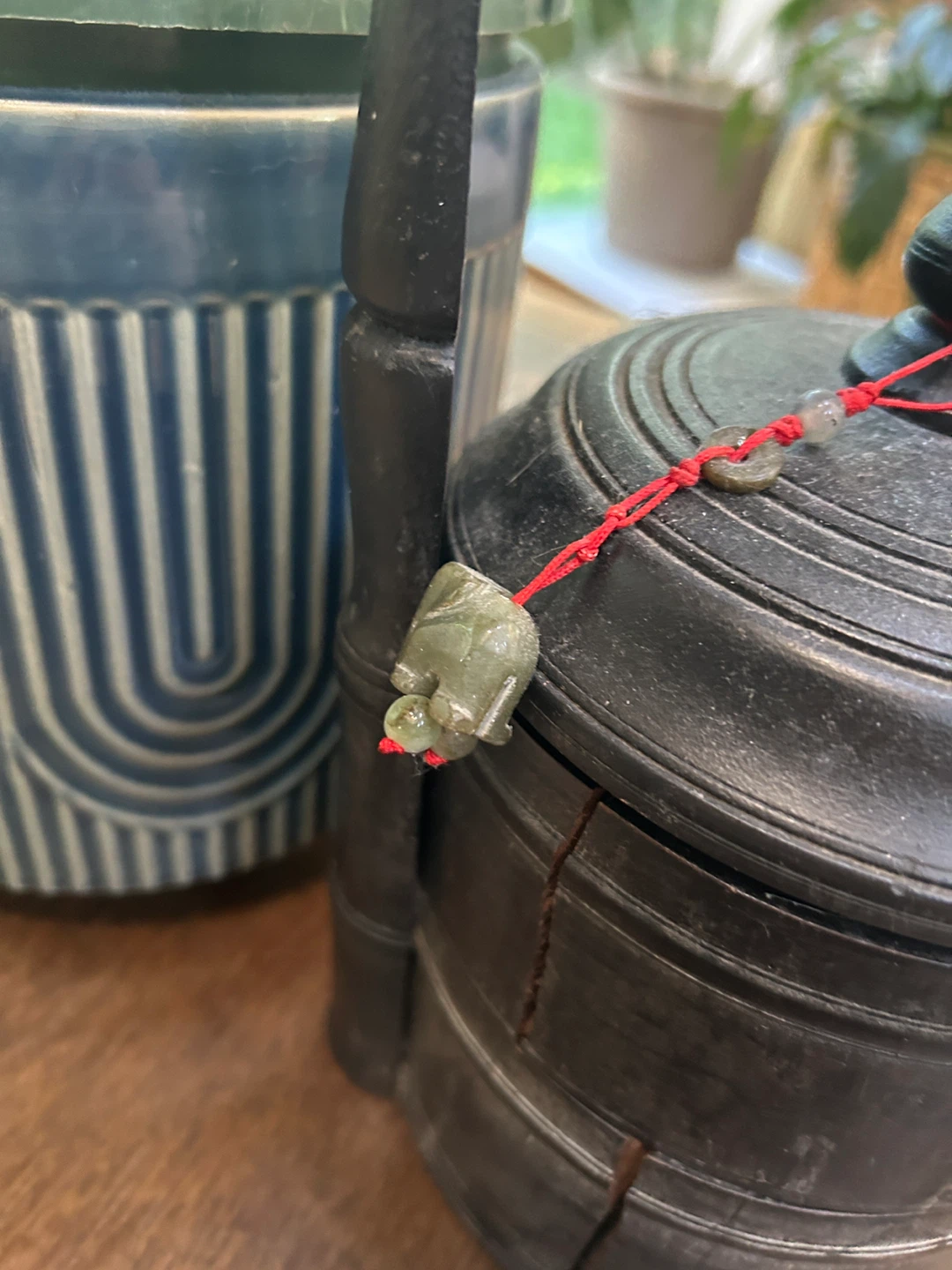 Vintage Wooden Tiffin Carrier with Jade Charm - photo 2