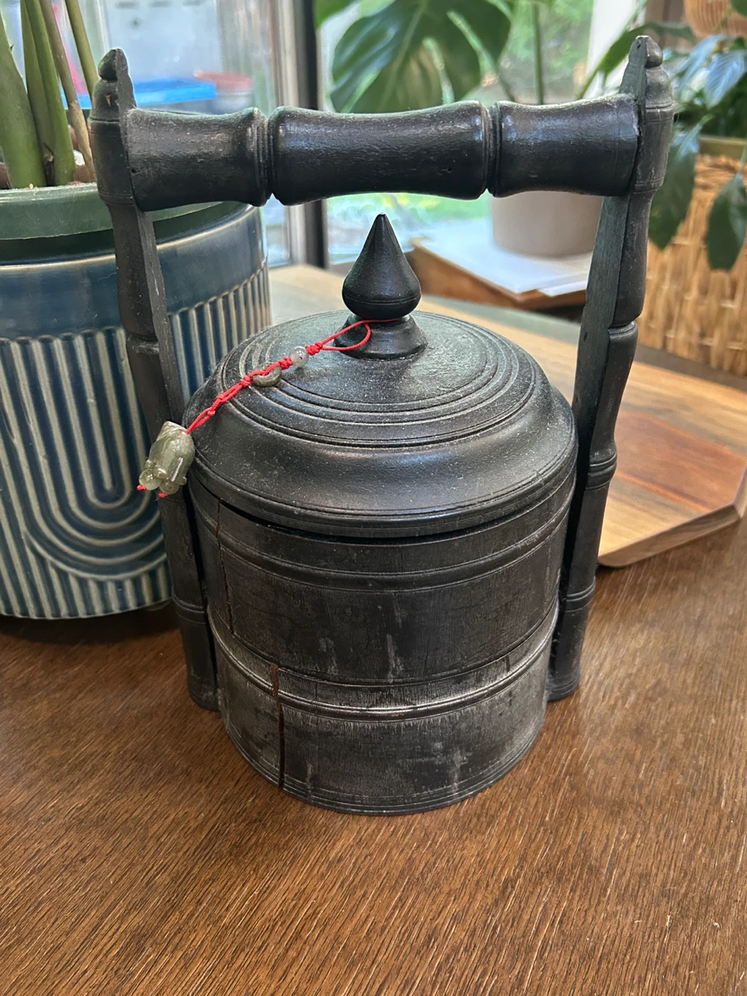 Vintage Wooden Tiffin Carrier with Jade Charm