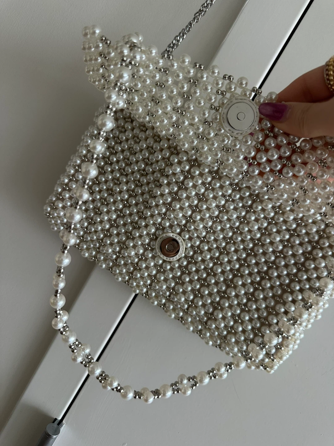 Pearl Beaded Clutch Purse with Silver Chain - photo 3
