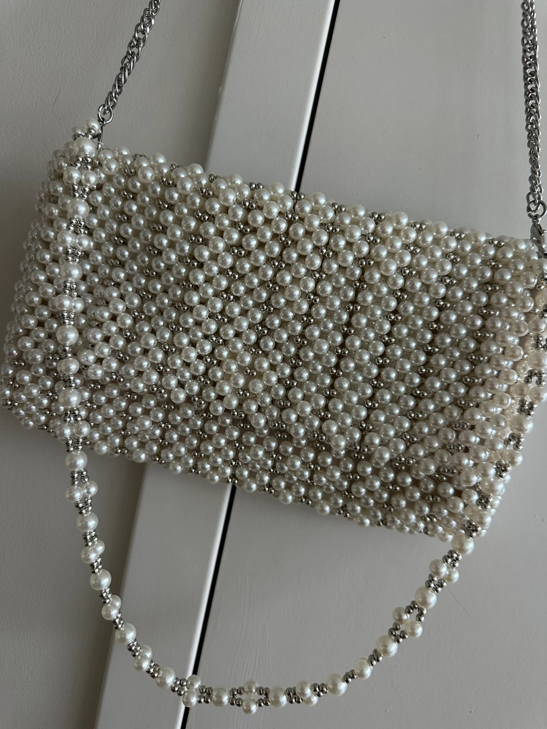 Pearl Beaded Clutch Purse with Silver Chain - photo 2