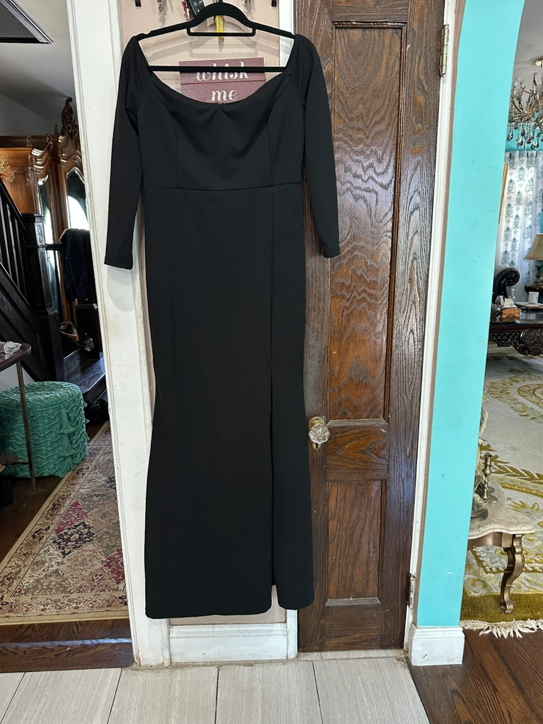 Black Long-Sleeve Off-Shoulder Evening Maxi Dress and Side Slit