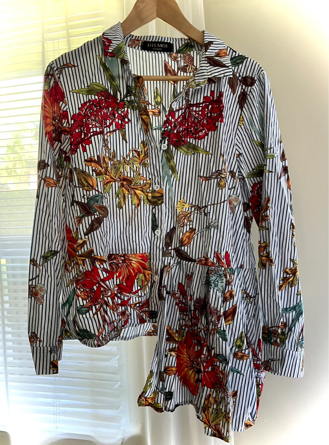 DIS MOI Striped Floral Print Asymmetrical Button-Up Shirt